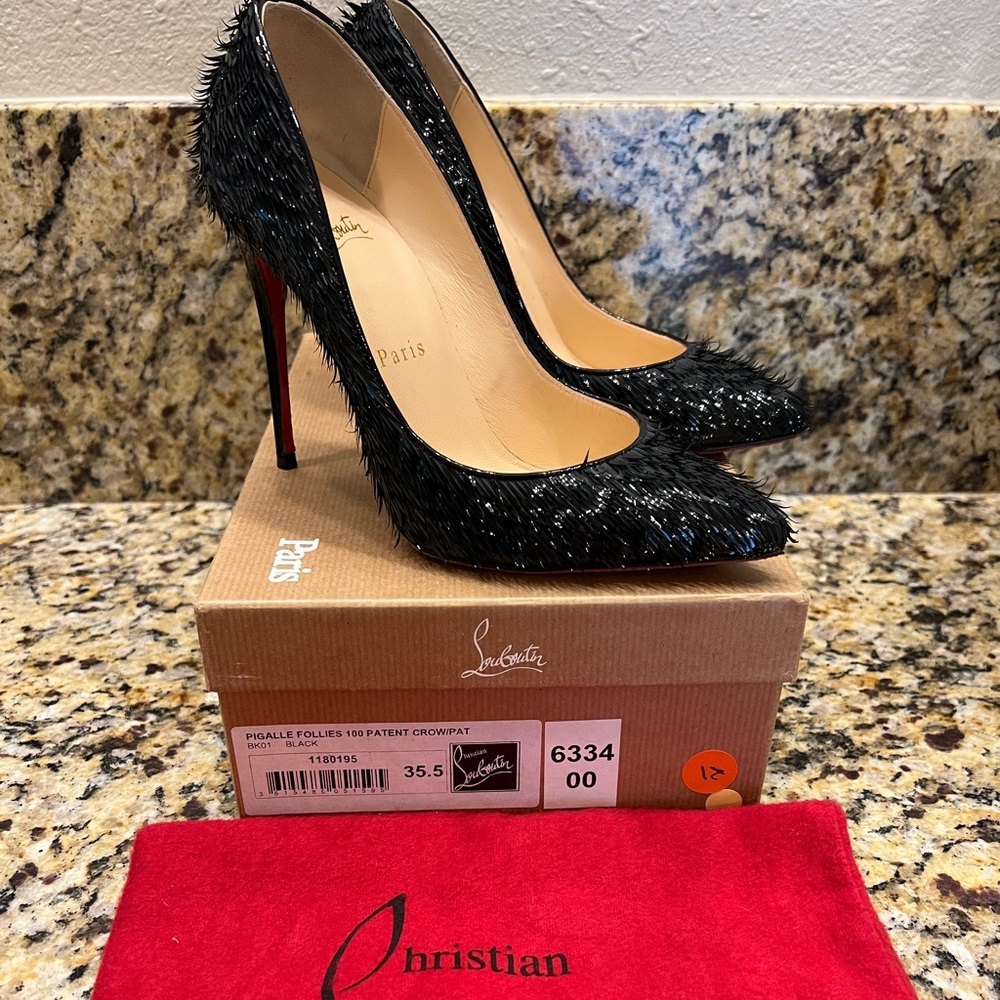 Christian Louboutin Black Pigalle Follies Crow Fringe Patent Leather Pumps